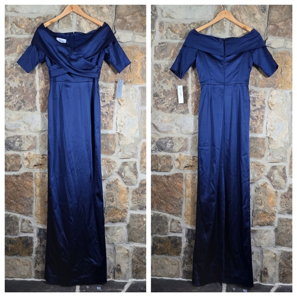 NWT Rickie Freeman for Teri Jon Maxi Off Shoulder Satin Evening Gown Dress - Picture 3 of 9